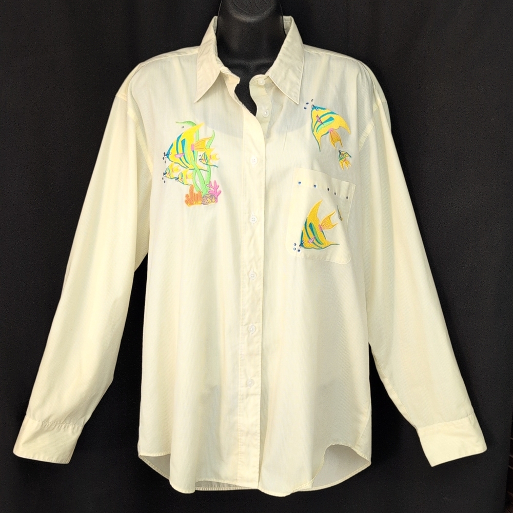 White and Butter Yellow Pinstriped Button-Up Shirt with Fish Embroidery - Picture 2 of 10